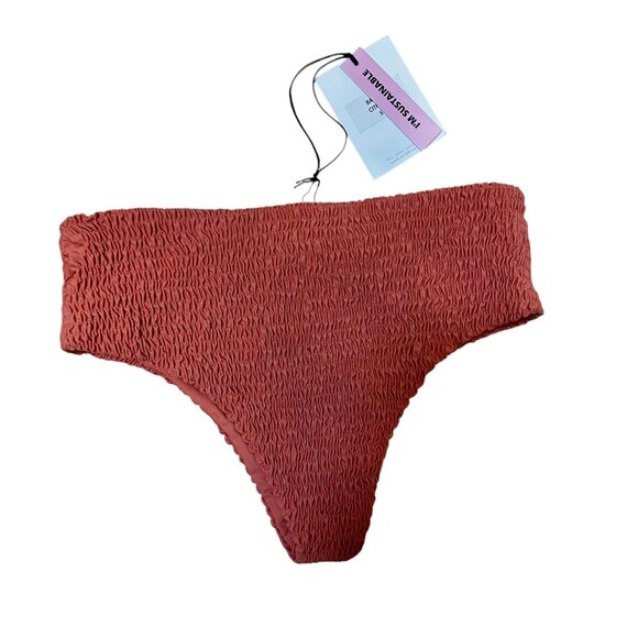 Aila Blue Bambi High Waist Bikini Bottoms Citron Orange Textured Smocked Sustain - Picture 3 of 6